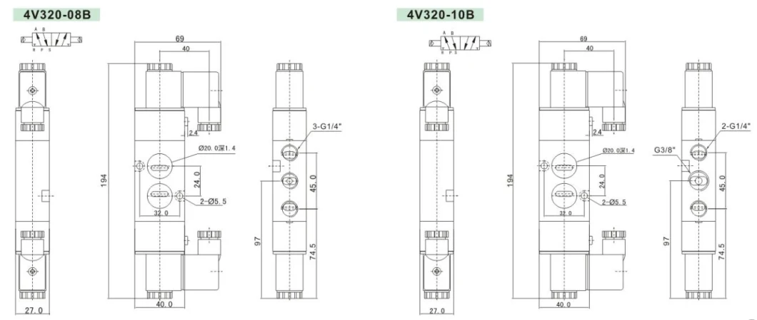 4V300 Wholesale Price Three -Position Five- Way Double-Head Electric Control Solenoid Valve